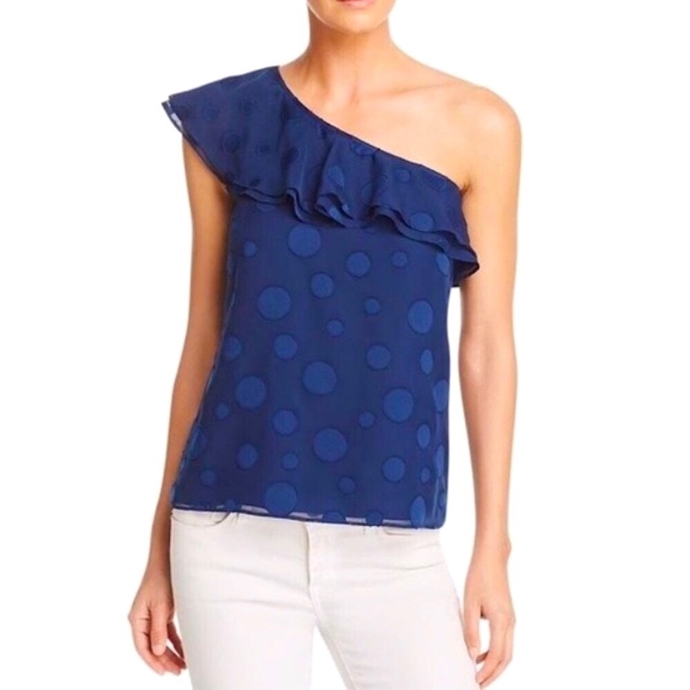 NWT—Cooper & Ella Navy Blue Polka Dot Open Shoulder Ruffle Neck Blouse Top, S